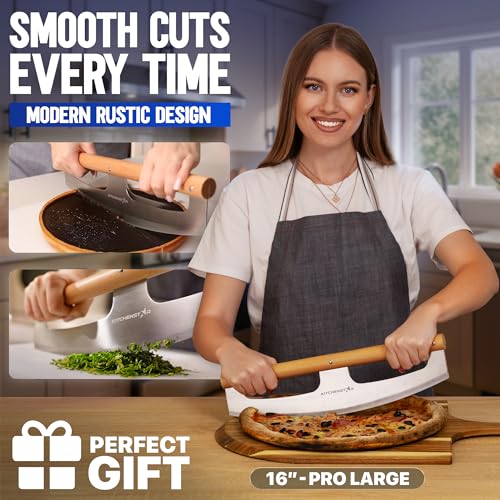 KitchenStar 16-Inch Silver Rocker Pizza Cutter with Beech Wood Handle & Protective Cover