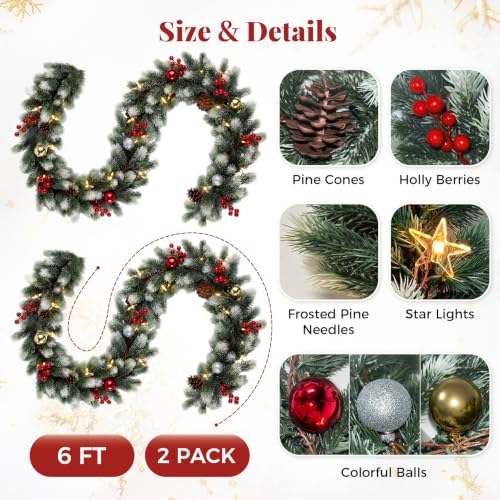 6FT Artificial Christmas Garland with Lights - Pack of 2 Frosted Green Pine Decor