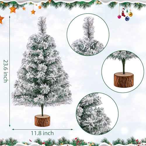 2Ft Artificial Christmas Tree Green Tabletop Christmas Tree with Snow Flocked Mini Xmas Pine Tree with Wooden Stand for Indoor Outdoor Holiday Home Decoration