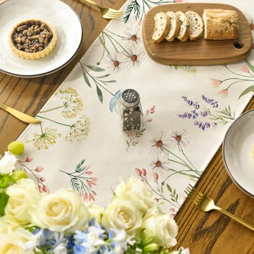 Artoid Mode Flowers Daisy Tulip Spring Table Runner 13x72 inch beige