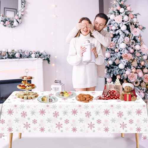 4PCS Christmas Snowflake Tablecloth Xmas Party Table Cover Pink Snowflake Table Cloth Christmas Theme Party Decorations Winter Holiday Supply 51X86IN