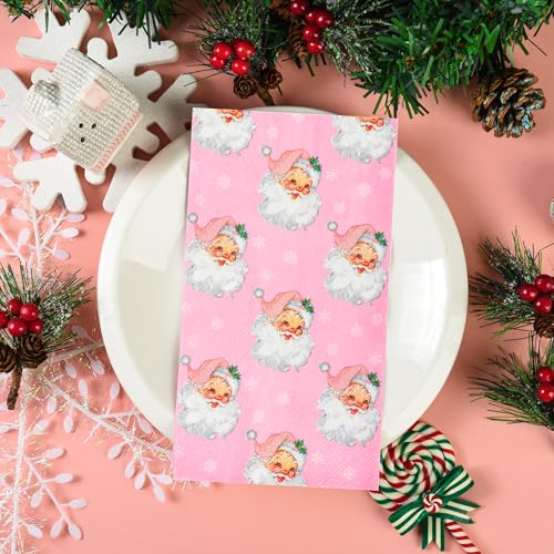 Pink Christmas Paper Napkins with Santa Claus & Snowflakes - 100 Pack