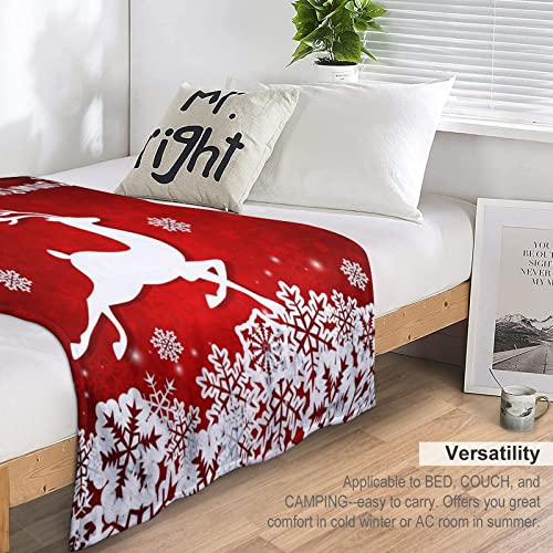 Merry Christmas Red Flannel Fleece Throw Blanket 60x80in with Snowflake Reindeer Print - White