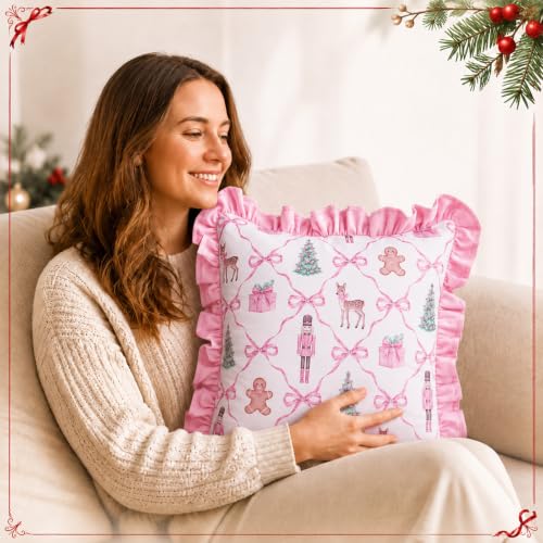 Irenare 2Pcs Pink Christmas Pillow Covers 18x18 Inch – Coquette Ruffle Xmas Decor
