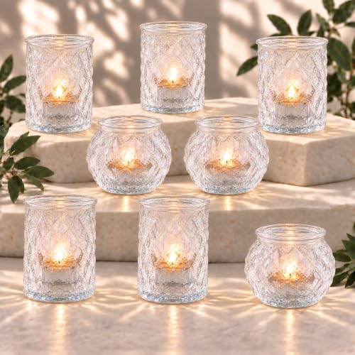 Denking 36 Pack Clear Votive Candle Holders - Mixed Cylindrical & Rounded for Centerpieces
