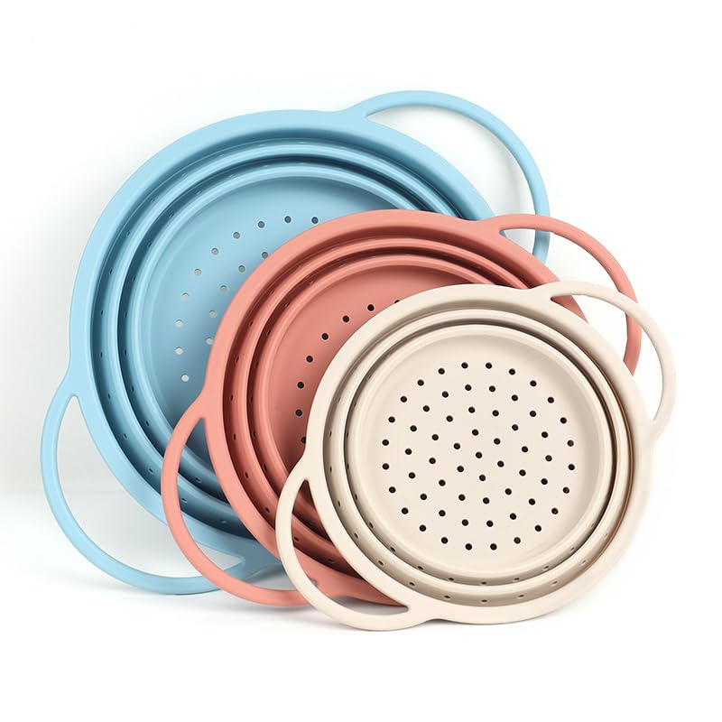 Collapsible Silicone Colander Set with Stainless Steel Rim 3 Pack - Space Saving Kitchen Strainers