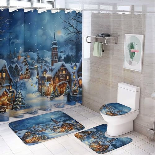 Christmas Tree Town Cabin Shower Curtain Set with Toilet Lid Cover & Rugs - Winter Holiday Bathroom Decor, 72x72 Inches