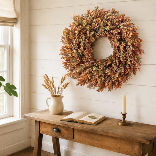 26 Inch Artificial Fall Azalea Leaves Wreath for Front Door Decor Orange Green