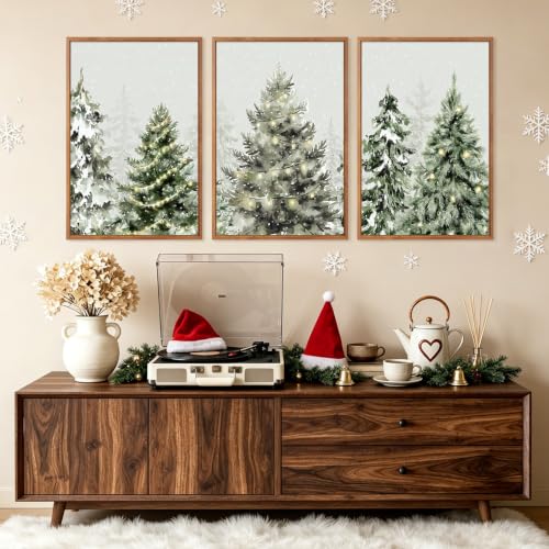 Large Framed Christmas Tree Wall Art - Winter Snowy Pine Scene, 24x36 Inches, Holiday Decor