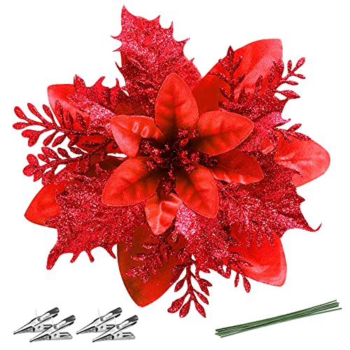 Christmas Poinsettia Artificial Flowers Decorations 5.5" Christmas Tree Wreaths Garland Decoration 12 Pcs Glitter Flowers Picks Decor for Xmas New Year Wedding Party Ornaments (Red)
