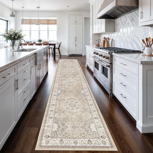 2'6x12 Beige Washable Hallway Runner Rug Non Slip Entryway Floor Mat Vintage Soft