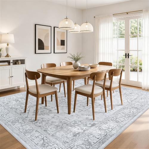 8x10 Gray Washable Area Rug for Living Room Non-Slip Low-Pile Carpet