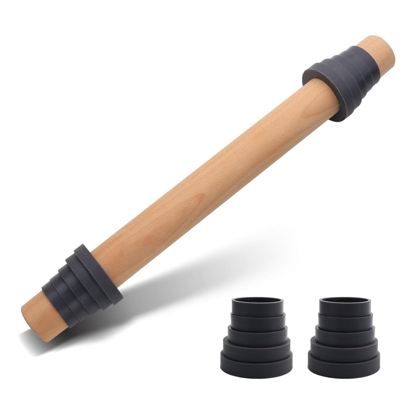 Adjustable 17.5 Inches Wood Rolling Pin with Thickness Rings for Baking -Non Stick Wooden Dough Roller Pin with Spacer Bands for Cookie,Pie Crust, Pastry Fondant By Folksy Super Kitchen(17.5, Grey)