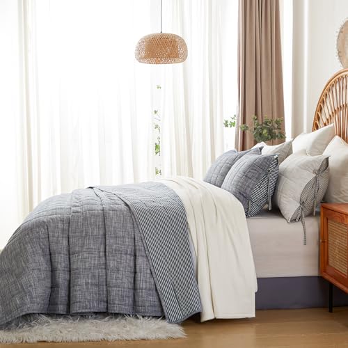 Denim Blue King Size Quilt Set - 3 Pieces Cotton Bedspread with Pillow Shams