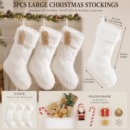 AOGU 3 Pack 18in Snowy White Faux Fur Christmas Stockings - White Hanging Stockings