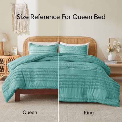 Queen Boho Comforter Set - Aqua Tufted Bedding with Pillowcases