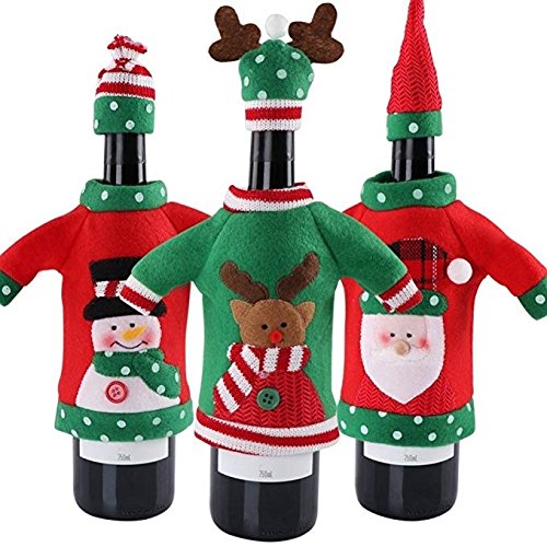 Christmas Wine Sweater - Ugly Santa, Reindeer and Snowman Cover for Red Wine Bottles - Christmas and New Year Party Decoration (3Pcs)