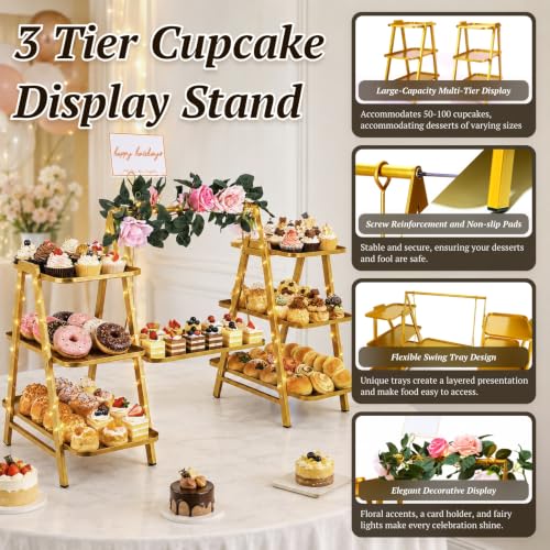 Gold 3-Tier Cupcake Stand with Fairy Lights & Flower Garland for Parties