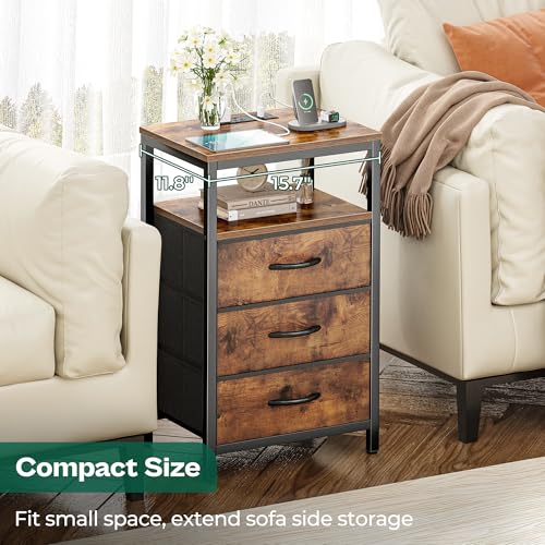 Huuger Rustic Brown Nightstands Set of 2 with Charging Station - 27.6 Inch Tall, 3 Drawers