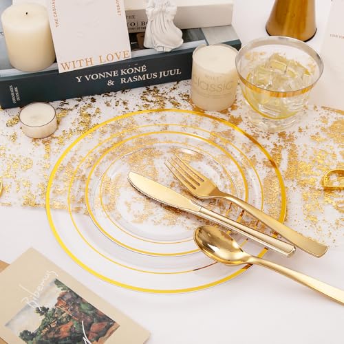WELLIFE 300Pcs Clear Gold Disposable Dinnerware Set - Heavy Duty Plates, Cups & Cutlery - Variation: Clear Gold / 300