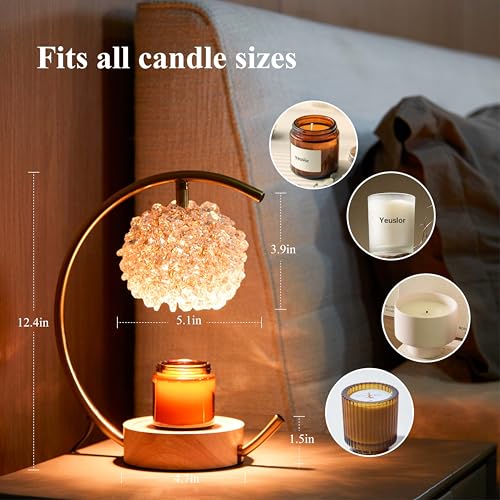 Yeuslor Gold Candle Warmer Lamp with Adjustable Brightness & Timer, Handcrafted Crystal & Wooden Base, C-Shaped Home Decor
