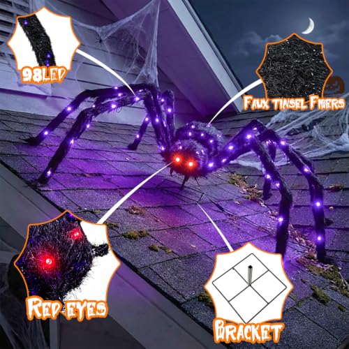 Giant Halloween Spider Decor 4.3Ft Lighted Black Metal with 6 Lighting Modes & 100 LED Purple Lights