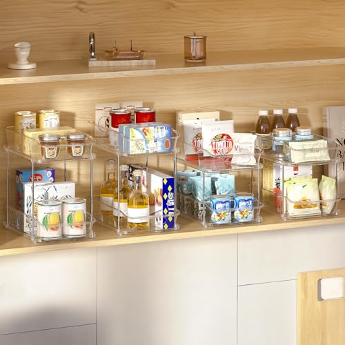 Delamu 4 Pack Clear 2-Tier Under Sink Organizer with Pull-Out Drawers, Stackable Bathroom & Kitchen Cabinet Storage
