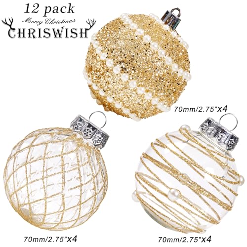 ChrisWish Gold 70mm 12ct Shatterproof Christmas Ball Ornaments - Clear Plastic Glitter Decor