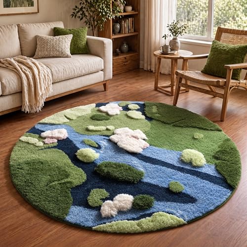 4ft Moss Round Area Rug - Green Grass Boho Circle Rug for Bedroom & Living Room - Pond Variation