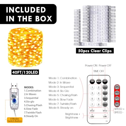 Photo Clips String Lights for Decor: USB Powered 40Ft 120LED 50 Clear Clips - Waterproof/8 Modes/Remote/Timer Fairy Light for Girls Bedroom Dorm Picture Hanging - Christmas Party Wedding Decorations