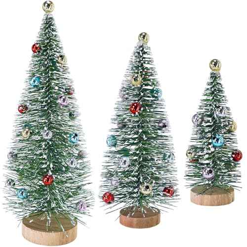 Winlyn 3 Pcs Christmas Frosted Bottle Brush Trees with Wood Base Small Green Sisal Trees with Ornaments Snowy Tabletop Christmas Trees 4.7"- 9.3" Tall for Christmas Village Decor Winter Holiday Party