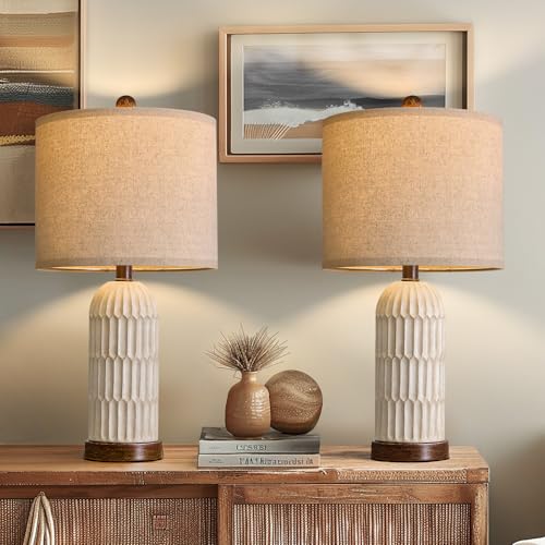OYEARS 22-inch Farmhouse Bedside Table Lamps Set of 2 with USB A+C - Yellowish & Brown Variation