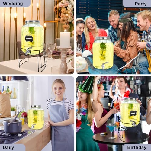 2 Gallon Glass Beverage Dispenser with Stand & Leakproof Stainless Steel Spigot – Lemonade, Water, Iced Tea