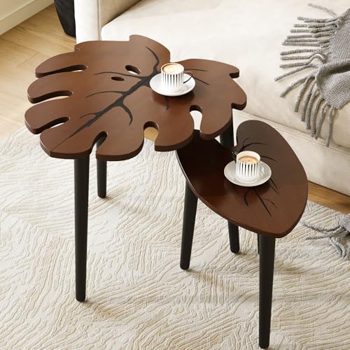 BAMEOS Monstera Leaf Nesting Tables Set of 2, Small Side f with Vein