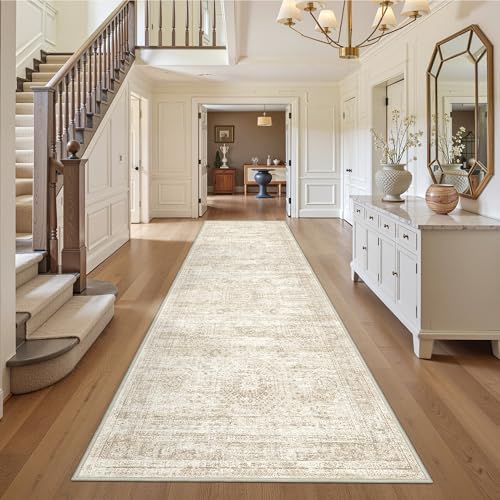 Beige Non-Slip Washable Runner Rug 3x12ft Hallway Carpet - Vintage Style