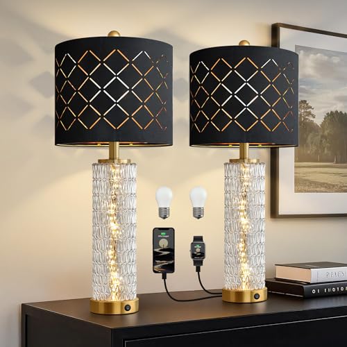 Set of 2 Gold and Black Bedside Table Lamps with Nightlight & USB Charging Ports - 27.75"