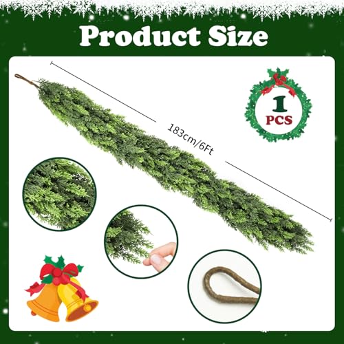 6FT Cedar Garland Artificial Faux Greenery for Mantle & Fireplace - IPOOLTENG