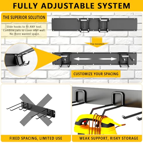 Garage Tool Organizer Wall Mount with 6 Adjustable Double Hooks - 48in Heavy-Duty Storage System