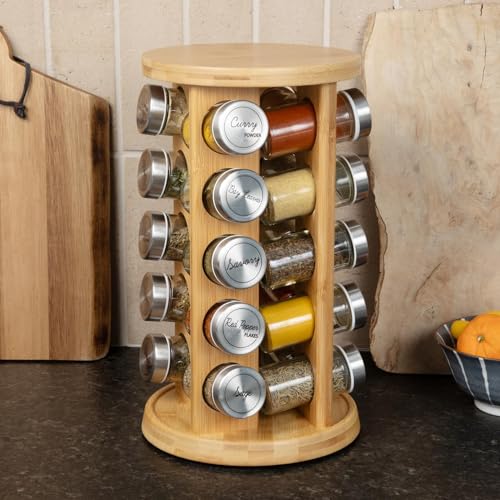 Orii 20 Jar Bamboo Spice Rack with Spices & Free Refill Program
