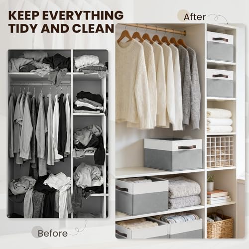 Criusia Large Storage Baskets 8 Pack - White with Grey, 14x10x9.5 Inches Closet Organizers