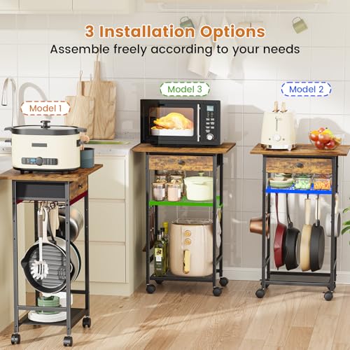 Draelibor Rustic Brown 4-Tier Microwave Cart with Adjustable Shelf & Drawer - Kitchen Utility Storage Stand