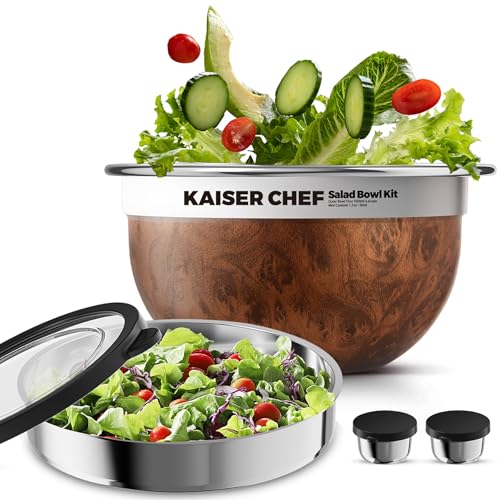 Kaiser Chef Wood Variation Stainless Steel 74oz Salad Bowl Kit with Lid & Accessories