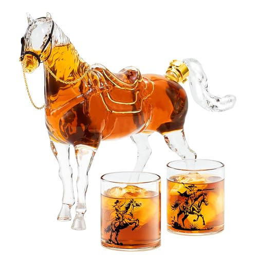 Whiskey Decanter Set with 2 Cowboy Glasses - Horse Theme Western Gift