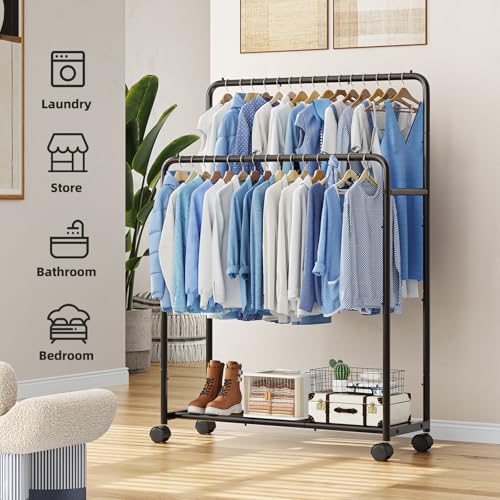 Clothing Rack Double Rod Garment Rack with Wheels - Black, Simple Trending