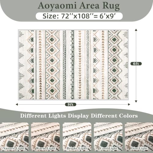 Aoyaomi 6x9 ft Washable Boho Moroccan Area Rug, Non-Slip Geometric Floor Carpet for Living Room & Bedroom, Brown/Green
