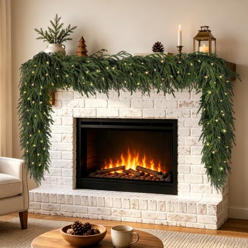 9FT Norfolk Pine Garland with Separate Lights,Lush Christmas Mantle