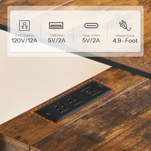 HOOBRO End Table with Charging Station - Rustic Brown & Black Bedside Table with Drawers
