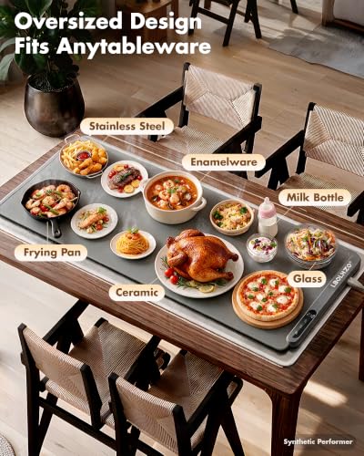 Large Food Warming Mat 36x16 Inches 580W with 6 Temp Settings Grey