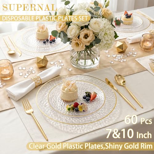 Clear Disposable Plates with Gold Rim - Heavy Duty Party Plates, Hammered Design, 60 Pieces - Variation: Clear Gold