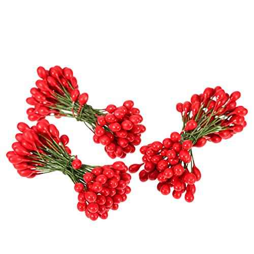 BBTO 300 Pcs Artificial Holly Christmas Fake Berries on 150 Wire Stems Berries Branches Stems Decor for Christmas Tree Decoration Wreath DIY Crafts Use Wedding Home Xmas Party Favor(Red)